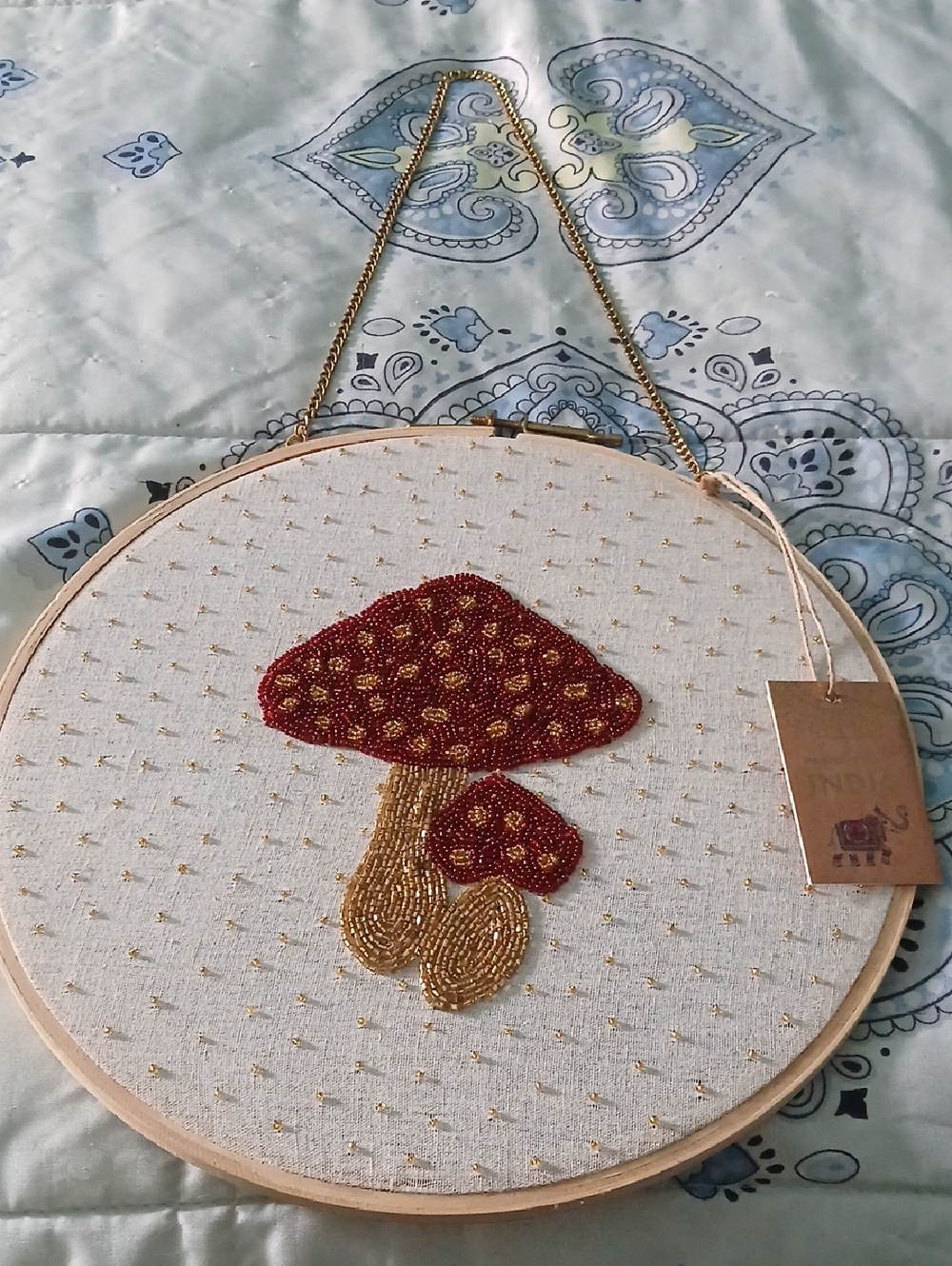 Embroidered Beaded Mushroom Hoop Wall Art - Red & Gold